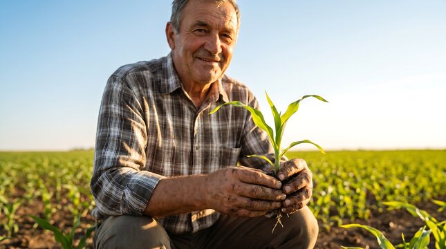 Senior farmer holding small green corn seedling in cupped hands while kneeling in fertile soil of agricultural field during golden hour with clear blue sky and soft natural sunlight