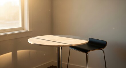 Fototapeta premium Sun-drenched Round Table with Modern Bar Stool in a Bright Breakfast Nook