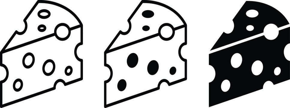 Cheese, wedge, icon, vector, set, slice, swiss, food, dairy, outline, line, art, silhouette, black, white, minimal, illustration, collection, isolated, design