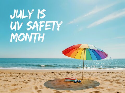 July is uv safety month conceptual sign with colorful beach umbrella on sandy shore by the ocean