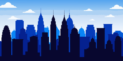 Obraz premium A stylized city skyline illustration with layered blue building silhouettes under a bright sky and scattered white clouds.