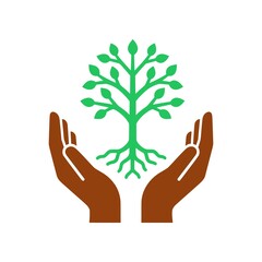 Fototapeta premium Tree care icon featuring protective hands holding a growing tree. Clean vector design symbolizing sustainability, environmental protection, ESG initiatives, and green business practices.