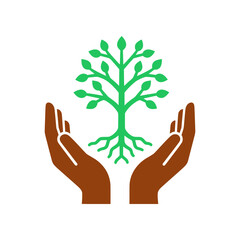 Fototapeta premium Tree care icon featuring protective hands holding a growing tree. Clean vector design symbolizing sustainability, environmental protection, ESG initiatives, and green business practices.