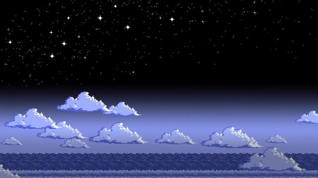 Panning shot of pixel art clouds drifting over ocean seascape with twinkling stars on horizon at night retro side view