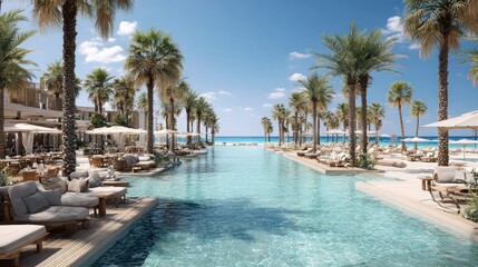 Fototapeta premium Luxurious Tropical Resort with Infinity Pool and Palm Trees Overlooking the Ocean.