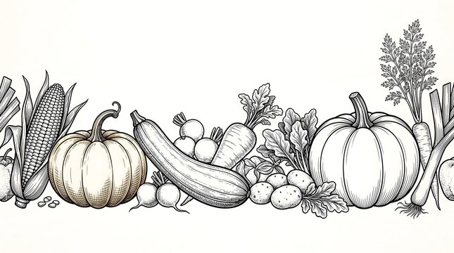 Seamless border pattern of hand drawn fresh vegetables including pumpkins corn and carrots