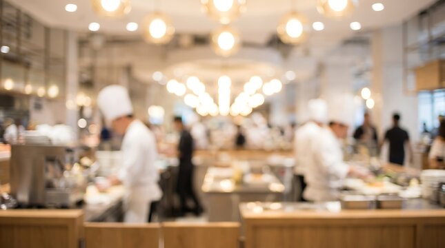 Blurred interior view of commercial kitchen with professional chefs in white uniforms preparing food under warm hanging globe lights in high-end restaurant
