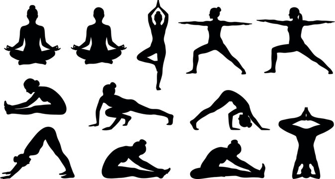 Yoga Poses Collection Black Silhouettes On White Background