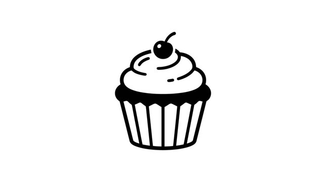 Simple black and white line art illustration of a single cupcake with frosting and a cherry