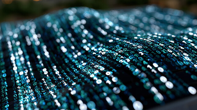 Binary matrix rain pattern cascading across dark terminal substrate, monospaced numeral columns in dense typographic grid, machine code aesthetic rendered as deep-field data stream, cryptography and
