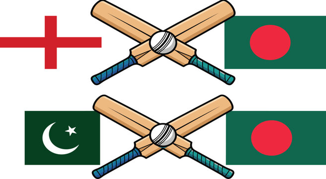England vs Bangladesh and Pakistan vs Bangladesh Cricket Match with Crossed Bats, Ball, and National Flags Tournament Vector Design