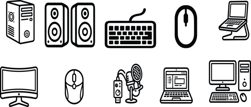 Minimalist computer hardware line icons set including pc tower, speakers, keyboard, mouse, laptop stand, monitor, microphone, and desktop workstation.