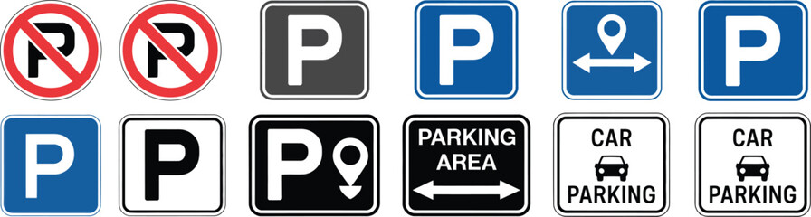 Car parking, icons, vehicle parking and restriction symbols designed for road signage navigation facilities and urban transportation use. © Miah
