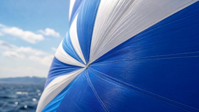 Close-up of taut spinnaker sail fabric bulging under strong wind.