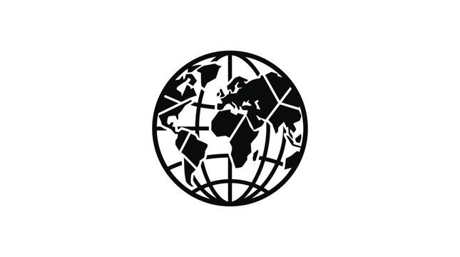 Black and white globe icon with continental landmasses on white background