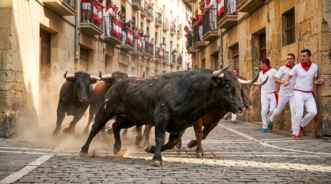 Toros tomando una curva durante un encierro tradicional en una calle antigua.