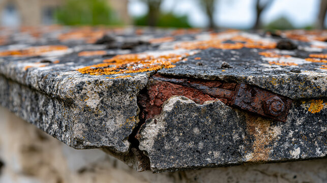 Coping stone parapet close detail at roofline, saddle-back limestone profile shedding water to either side, mortar joint eroded to reveal weathering crack, iron tie rod anchor plate set flush, aged 