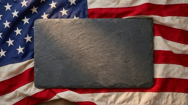 American flag with slate board for message  patriotic background with blank slate for text  USA flag with gray stone board