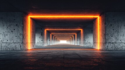 Fototapeta premium Repeating frames of glowing orange light recede into the distance down a dark concrete corridor
