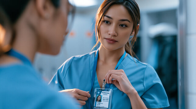 Filipino nurse carefully pins her hospital identification badge while standing before a staff locker room mirror, nursing license visible through her clear ID holder, the quiet professional pride of