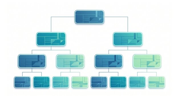 Vertical hierarchy corporate flowchart infographic with clean geometric tiers isolated on a plain white background