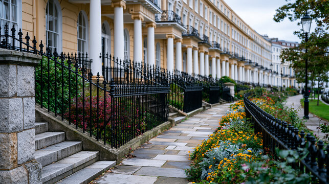 Georgian terrace row facades stretching in receding perspective, rendered stucco pilasters and sash windows repeating in rhythmic bays, iron railings bordering basement area steps, stone quoins at c