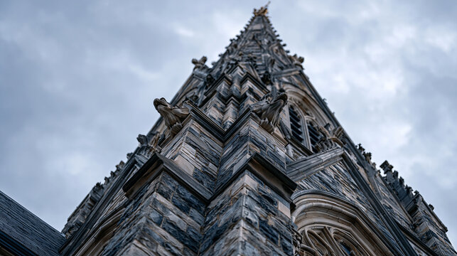 Gothic Revival church spire needle rising against overcast sky, dressed limestone ashlar courses tapering to ornamental finial, gargoyle water spouts projecting at corner buttress junctions, crocket