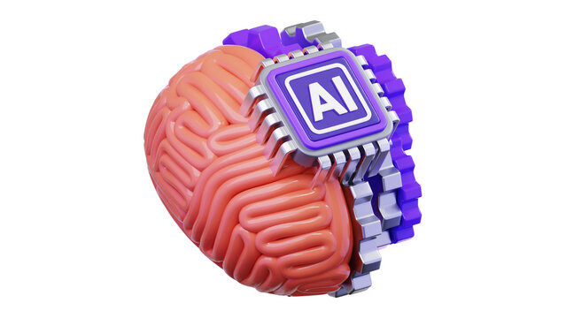Vector illustration of a human hand holding a remote control to direct a 3d cartoon brain icon, symbolizing the concept of intelligence and mind control art