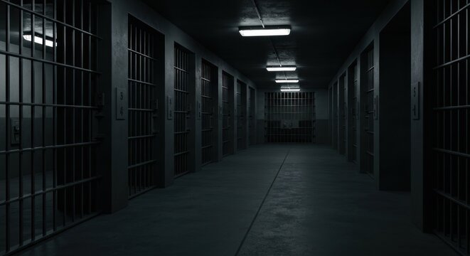 Long, dark prison corridor with cells and metal bars