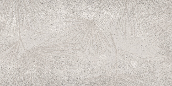 A pale grey, textured background displaying a delicate, abstract design of radiating botanical leaves with a speckled, grungy finish.
