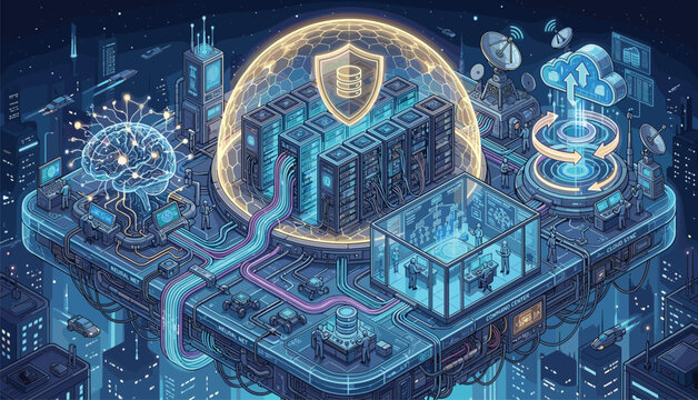 Isometric datacenter server room under a glowing security shield vector illustration for cloud hosting database protection and cyber safety asset