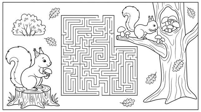 Cute squirrel maze game for kids to solve with forest animals and tree coloring page activity