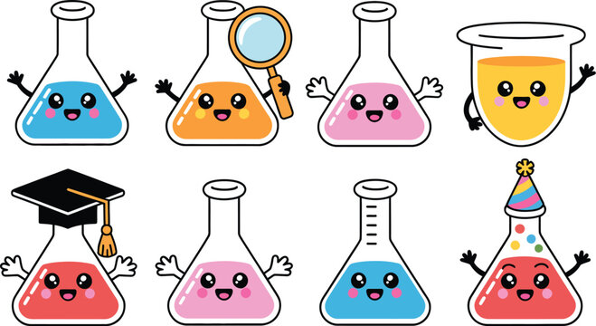 Chemistry, Cartoon chemistry lab flasks, cute science characters with smiling faces for education classroom materials children learning and STEM themes.