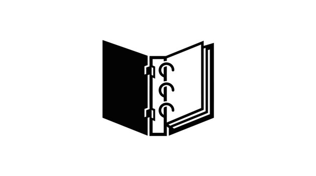 Minimalist black and white icon of an open ring binder notebook