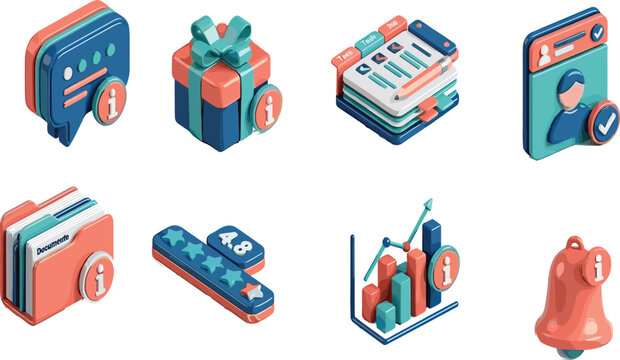 Set of modern isometric business and data management vector icons isolated on a white background for user interface design asset