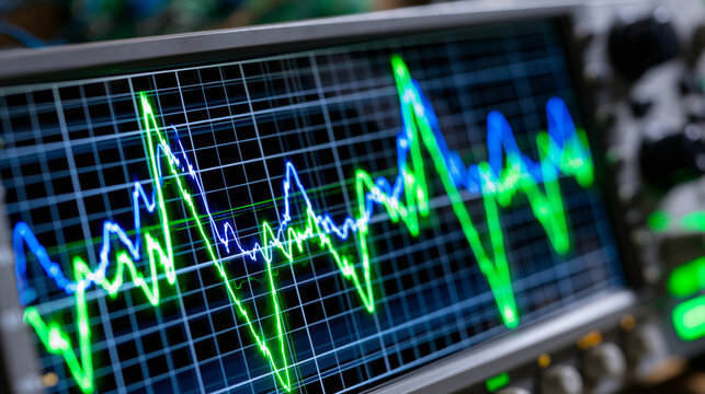 Oscilloscope waveform display screen emitting phosphorescent sine pulse traces across graticule grid, analog signal amplitude peaks rendered in cathode ray glow, vintage electronic measurement instr