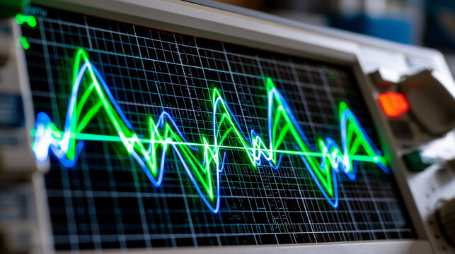 Oscilloscope waveform display screen emitting phosphorescent sine pulse traces across graticule grid, analog signal amplitude peaks rendered in cathode ray glow, vintage electronic measurement instr