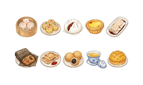 Chinese Dim Sum Teahouse Clipart Set Vol.6, Watercolor Flat Illustration, Hand-drawn Har Gow Siu Mai Char Siu Bao Egg Tart Cheung Fun Lo Mai Gai Turnip Cake Sesame Ball Chinese Tea Pineapple Bun 