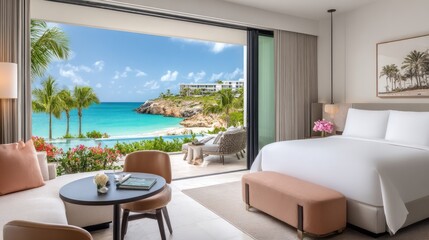 Fototapeta premium Luxury Oceanfront Hotel Room with Stunning Tropical Beach View.