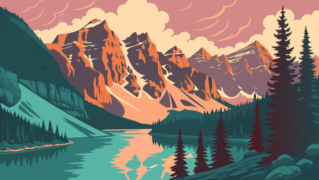 Vibrant mountain landscape with serene lake and trees at sunset