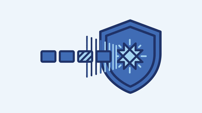 Cyber security shield icon with data blocks and digital signal processing