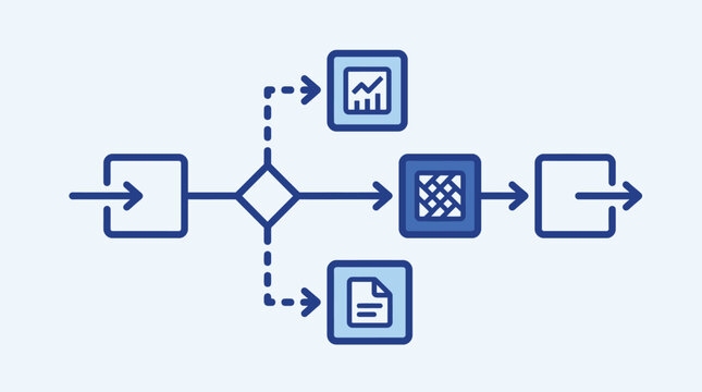 Business process workflow diagram with decision point and data processing icons