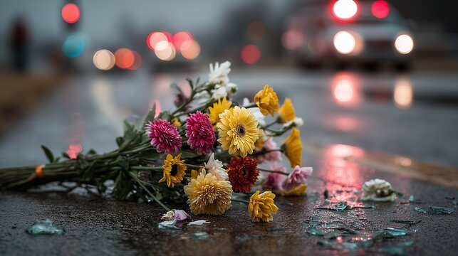 Bouquet on wet road after night crash symbolizing wrongful death accident claim and loss at traffic collision.