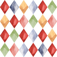 Circus. Watercolor hand-drawn seamless vintage pattern with multicolored rhombs. Cute drawings print for kids. For design baby shower, birthday and nursery. © Nellya Egorova