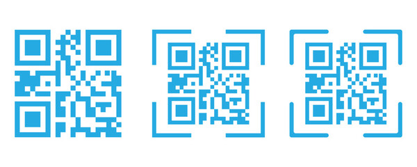 Fototapeta premium Blue QR code set with scanner frame lines vector illustration.