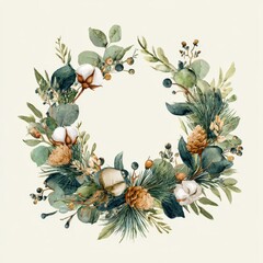 Fototapeta premium Delicate winter botanical border illustration for wedding stationery with evergreen sprigs and cotton