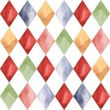 Circus. Watercolor hand-drawn seamless vintage pattern with multicolored rhombs. Cute drawings print for kids. For design baby shower, birthday and nursery.