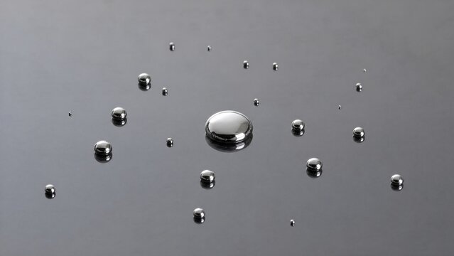 Mercury droplet scattered into silvery beads on a smooth, reflective surface.