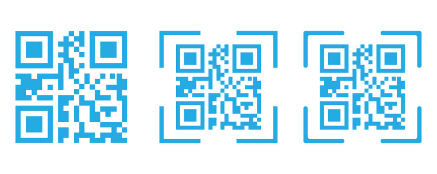 Blue QR code set with scanner frame lines vector illustration.