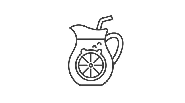 Glass pitcher of lemonade with citrus slice and straw.